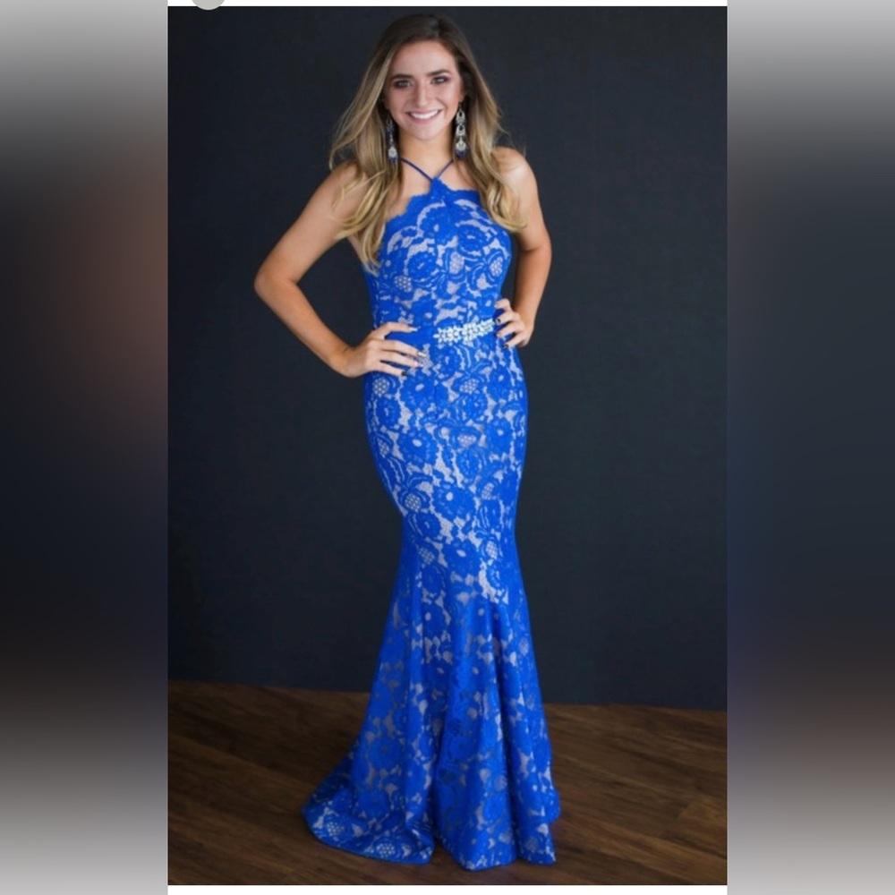Windsor Lace Halter Mermaid Cobalt Royal Blue Prom  Homecoming Formal Dress